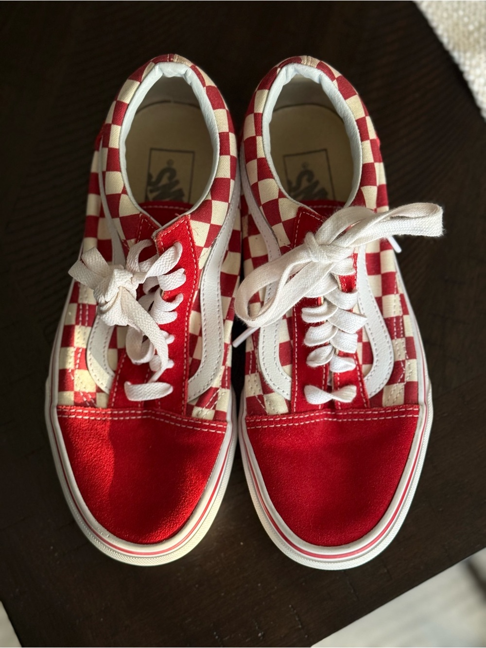 Old Skool Red Checkerboard Skate Shoes with White Stripe